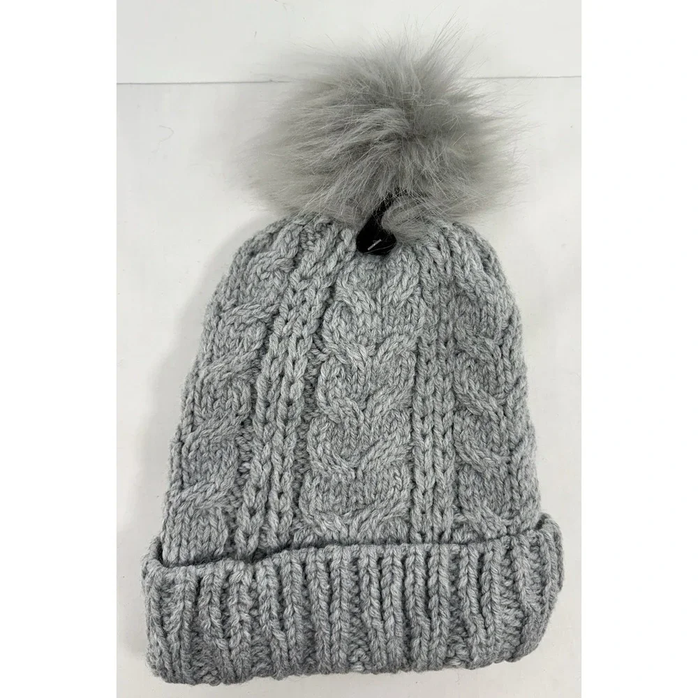 Time and Tru Cable Knit Beanie Winter Hat Faux‎ Fur Pom Gray One Size New
